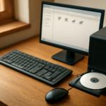 Komputer desktop sederhana dengan drive optik terbuka dan monitor menampilkan drive virtual