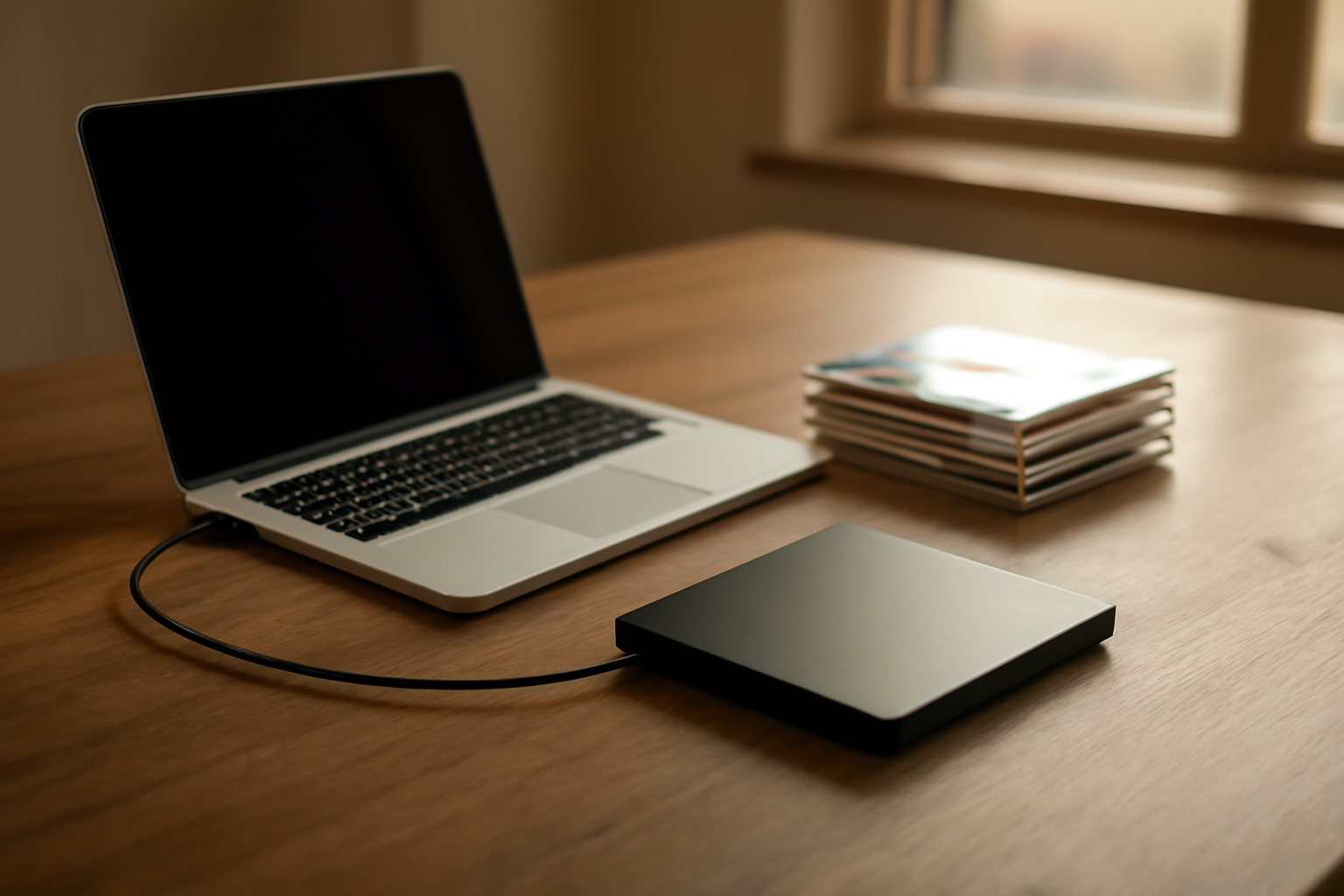Laptop modern terhubung ke drive CD eksternal dengan tumpukan kepingan game lama di meja kerja
