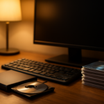Komputer desktop dengan drive optik eksternal dan tumpukan kotak CD di atas meja