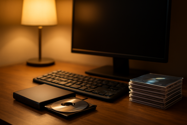Komputer desktop dengan drive optik eksternal dan tumpukan kotak CD di atas meja