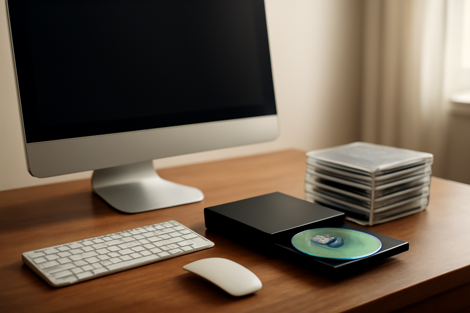 Komputer desktop dengan drive optik eksternal dan tumpukan CD lama di atas meja kayu