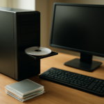 Komputer desktop dengan drive optik terbuka dan tumpukan keping CD di atas meja kerja