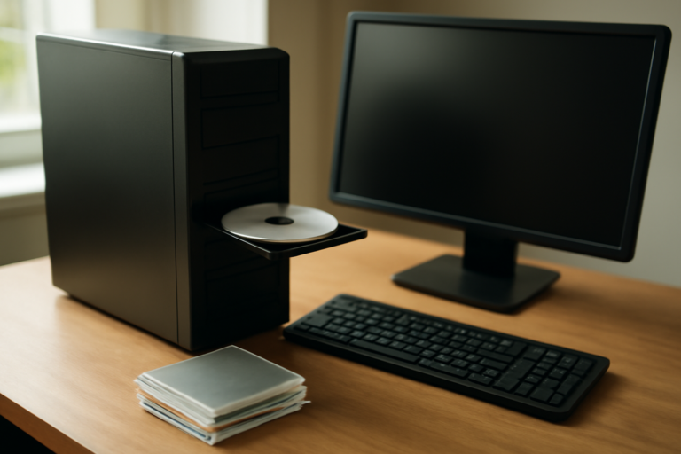 Komputer desktop dengan drive optik terbuka dan tumpukan keping CD di atas meja kerja