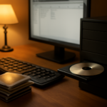 PC desktop dengan drive optik terbuka dan tumpukan cakram game lama di samping keyboard