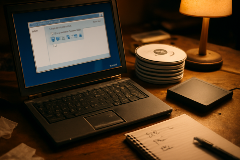 Laptop dengan drive virtual ter-mount dan tumpukan cakram CD di meja kerja