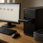 Komputer desktop dengan drive optik terbuka dan tumpukan CD di samping monitor