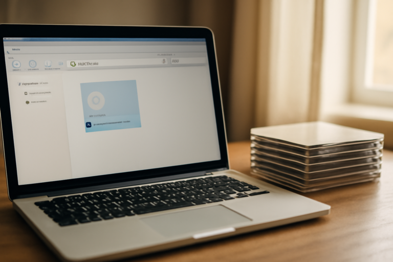 Laptop menampilkan drive virtual dengan file ISO yang sudah di-mount, ditemani tumpukan CD lama di meja kayu.